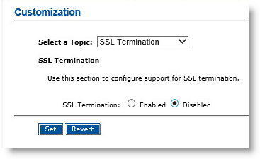 Customization page of Configuration tab with SSL Termination topic selected and with option to enable or disable SSL Termination